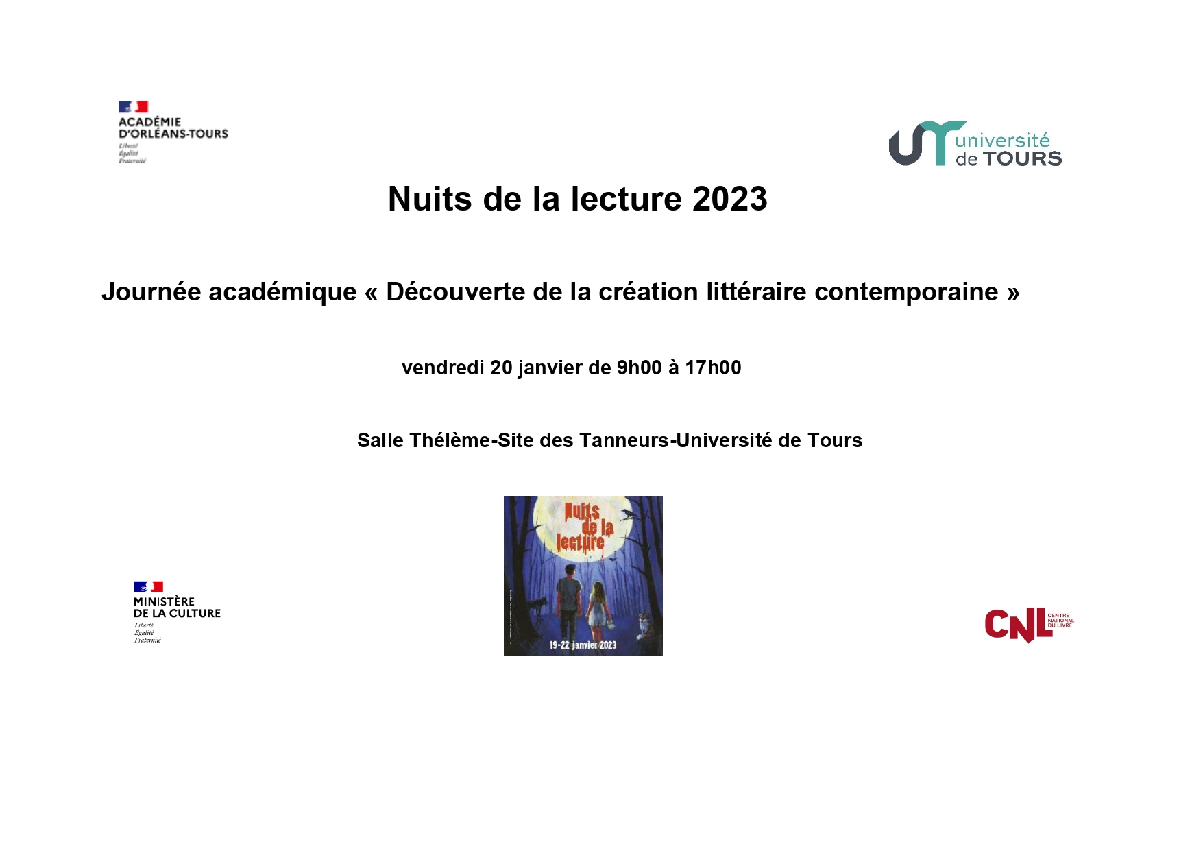 Visuel présentant les informations pratiques de la journée d'étude Nuits de la lecture 2023