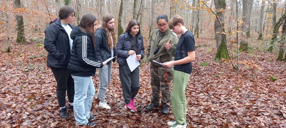 Les élèves apprennent à lire une carte pour se repérer en forêt.