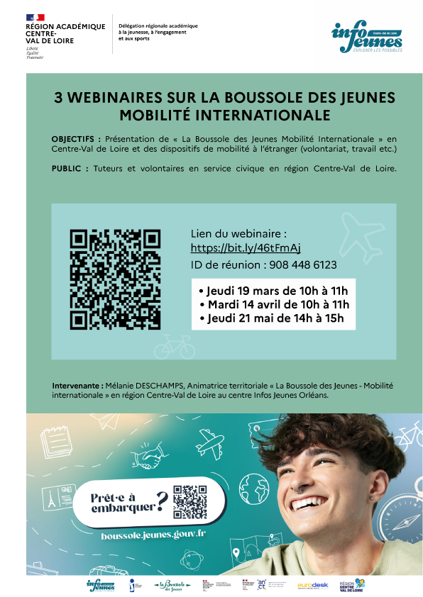 Affiche dans les tons vert/bleu représentant les informations des webinaires Boussole des Jeunes Mobilité Internationale
