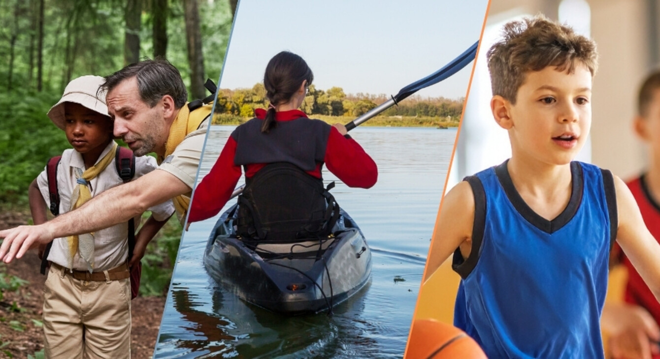 L'image représente trois activités sportives et de plein air : un adulte accompagne des enfants lors d’une randonnée en forêt, une personne pratique le kayak sur un plan d’eau et deux enfants jouent au basketball en intérieur.