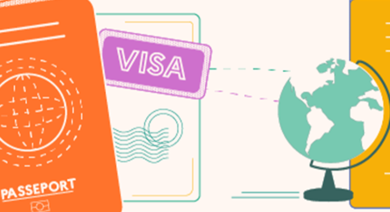 Un passeport, un visa et un globe terrestre dans un style dessiné avec des couleurs vives.