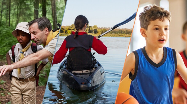 L'image représente trois activités sportives et de plein air : un adulte accompagne des enfants lors d’une randonnée en forêt, une personne pratique le kayak sur un plan d’eau et deux enfants jouent au basketball en intérieur.