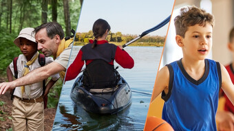 L'image représente trois activités sportives et de plein air : un adulte accompagne des enfants lors d’une randonnée en forêt, une personne pratique le kayak sur un plan d’eau et deux enfants jouent au basketball en intérieur.