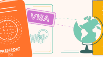 Un passeport, un visa et un globe terrestre dans un style dessiné avec des couleurs vives.